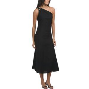 LE RAGAZZE Made In Italy Linen Blend One Shoulder Maxi Dress With Metal Accent